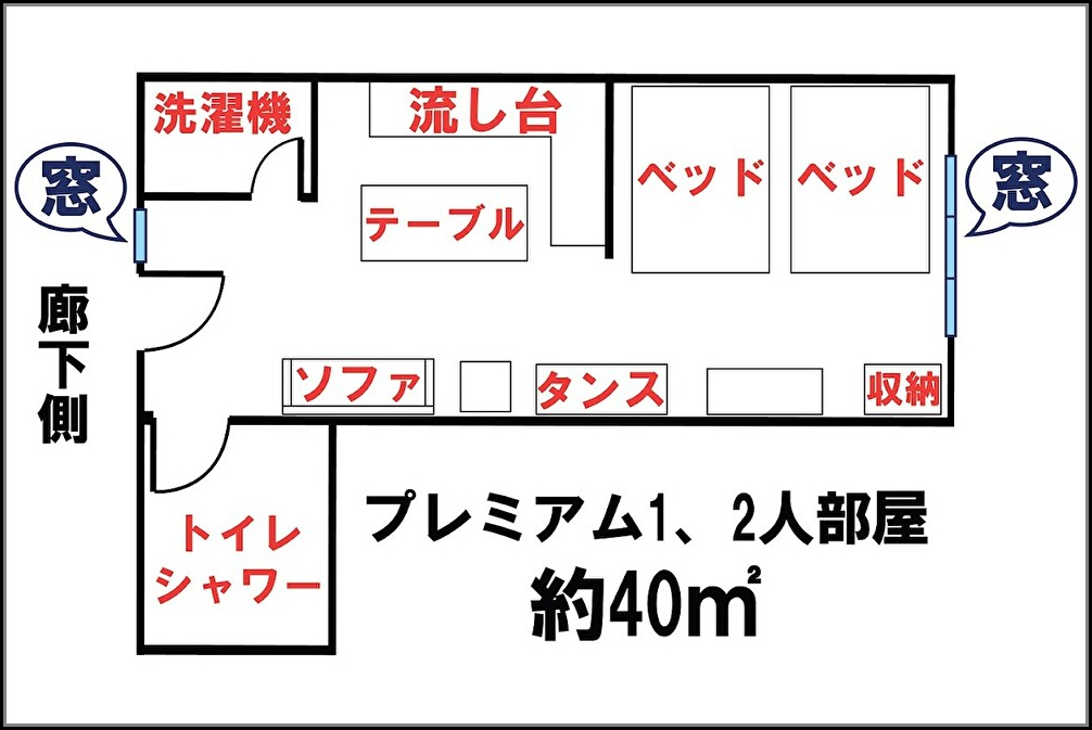 プレミアム1人部屋、2人部屋の間取り図